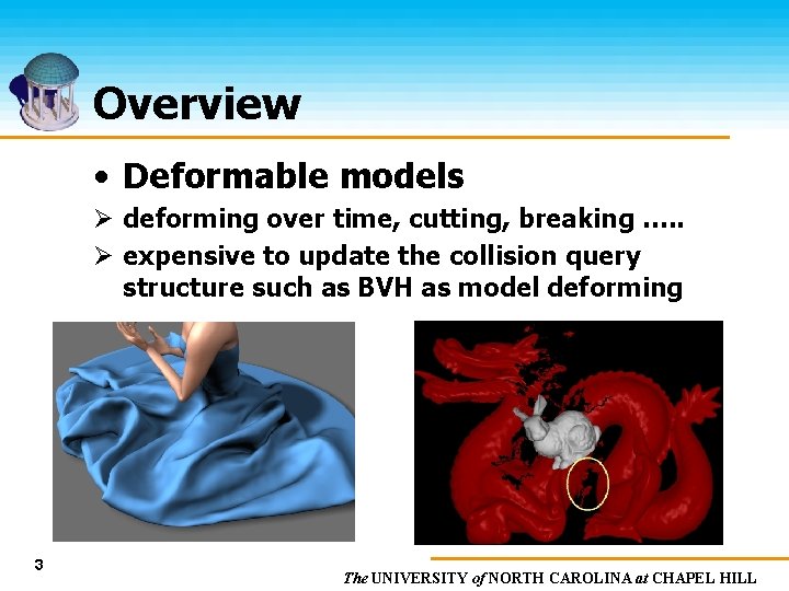 Overview • Deformable models Ø deforming over time, cutting, breaking …. . Ø expensive