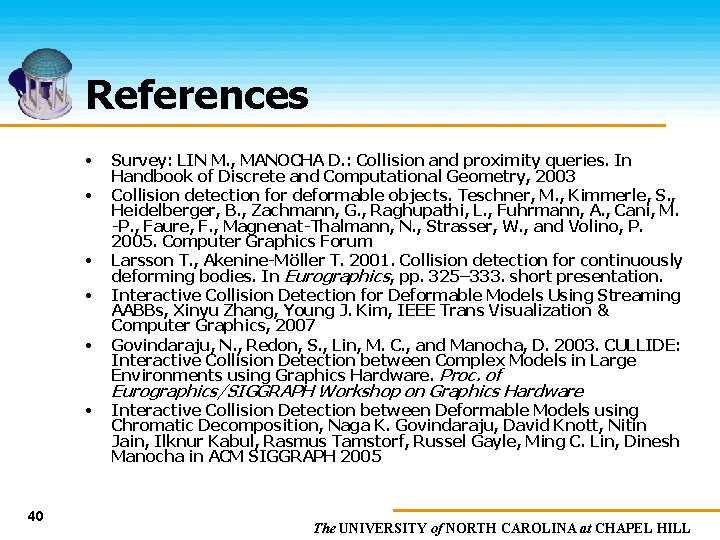 References • • • 40 Survey: LIN M. , MANOCHA D. : Collision and