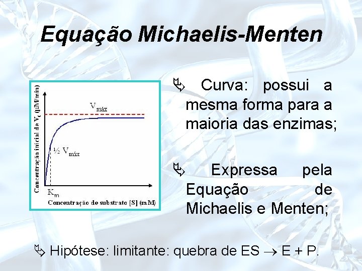 Equação Michaelis-Menten Ä Curva: possui a mesma forma para a maioria das enzimas; Ä