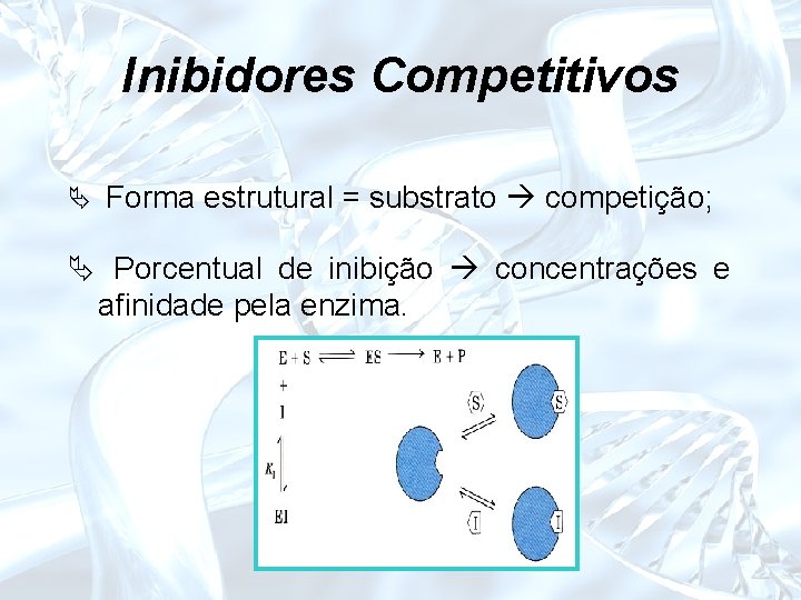 Inibidores Competitivos Ä Forma estrutural = substrato competição; Ä Porcentual de inibição concentrações e