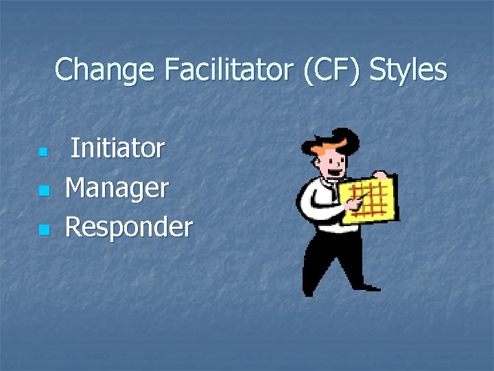 Change Facilitator (CF) Styles n n n Initiator Manager Responder 