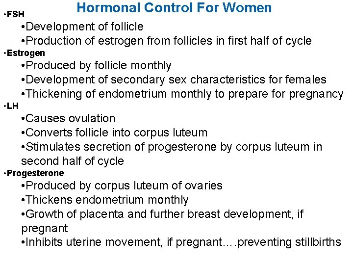  • FSH Hormonal Control For Women • Development of follicle • Production of