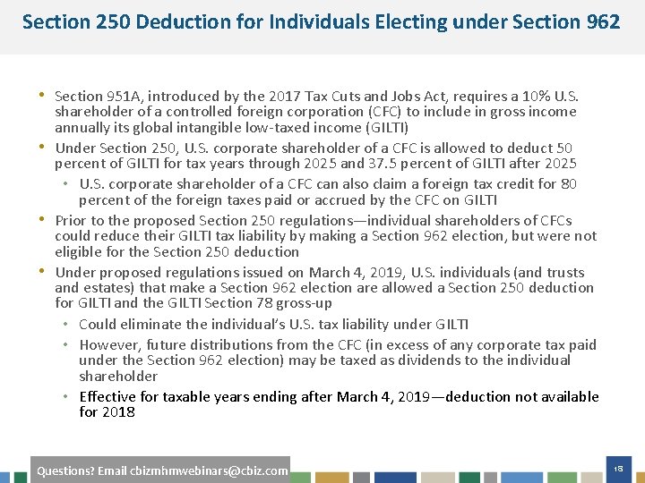 Section 250 Deduction for Individuals Electing under Section 962 • Section 951 A, introduced