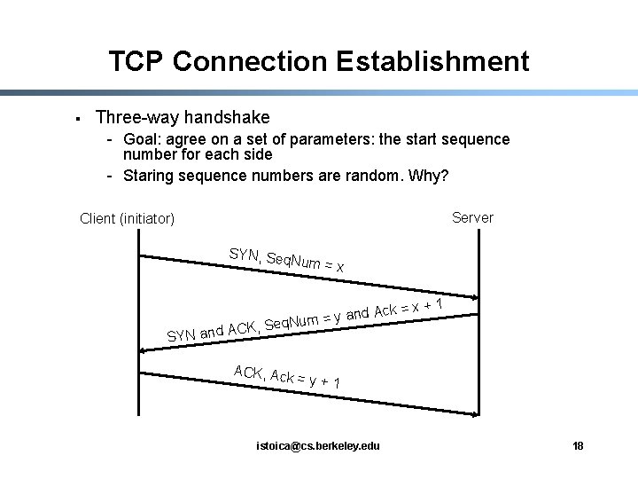 TCP Connection Establishment § Three-way handshake - Goal: agree on a set of parameters: