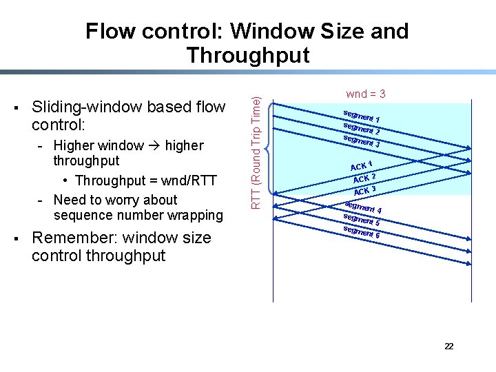 § Sliding-window based flow control: - Higher window higher throughput • Throughput = wnd/RTT