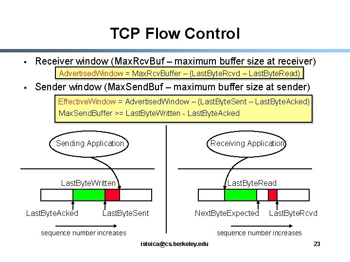 TCP Flow Control § Receiver window (Max. Rcv. Buf – maximum buffer size at