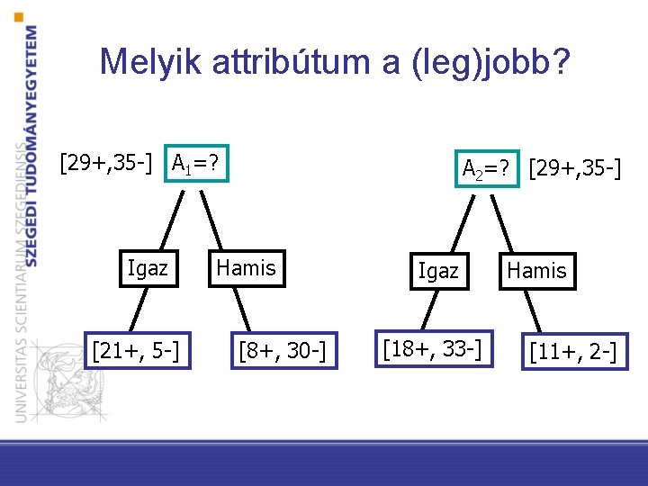 Melyik attribútum a (leg)jobb? [29+, 35 -] A 1=? Igaz [21+, 5 -] A