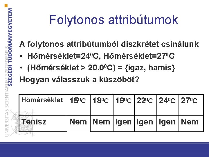 Folytonos attribútumok A folytonos attribútumból diszkrétet csinálunk • Hőmérséklet=240 C, Hőmérséklet=270 C • (Hőmérséklet