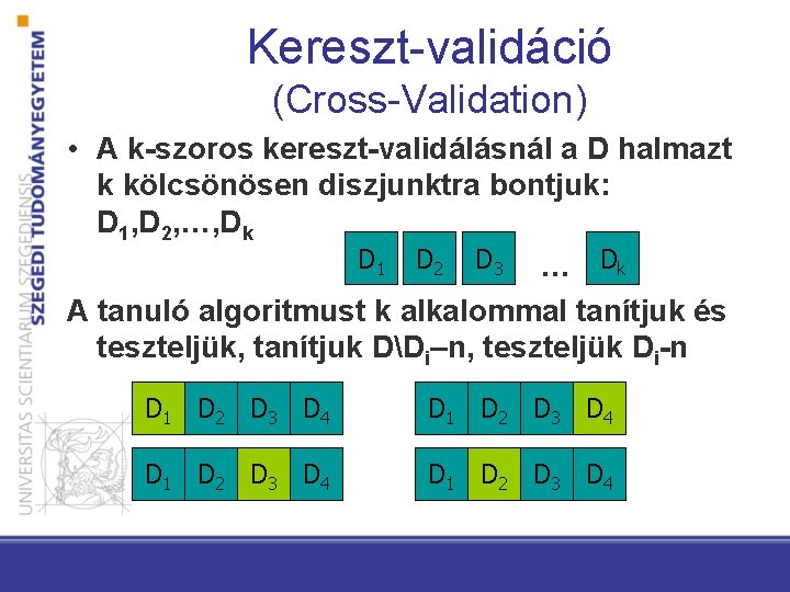 Kereszt-validáció (Cross-Validation) • A k-szoros kereszt-validálásnál a D halmazt k kölcsönösen diszjunktra bontjuk: D