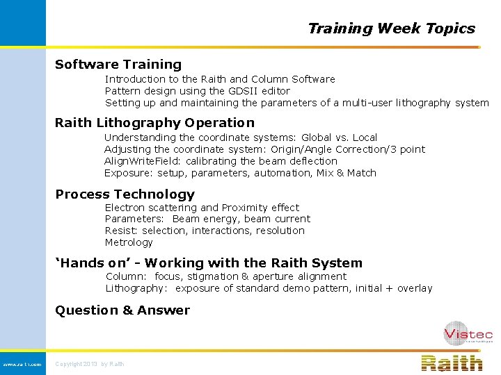 Training Week Topics Software Training Introduction to the Raith and Column Software Pattern design