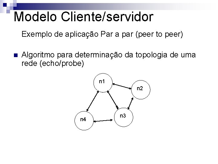Modelo Cliente/servidor Exemplo de aplicação Par a par (peer to peer) n Algoritmo para