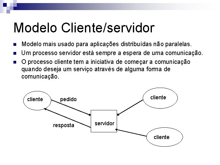 Modelo Cliente/servidor n n n Modelo mais usado para aplicações distribuídas não paralelas. Um