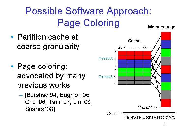 Possible Software Approach: Page Coloring Memory page • Partition cache at coarse granularity Cache