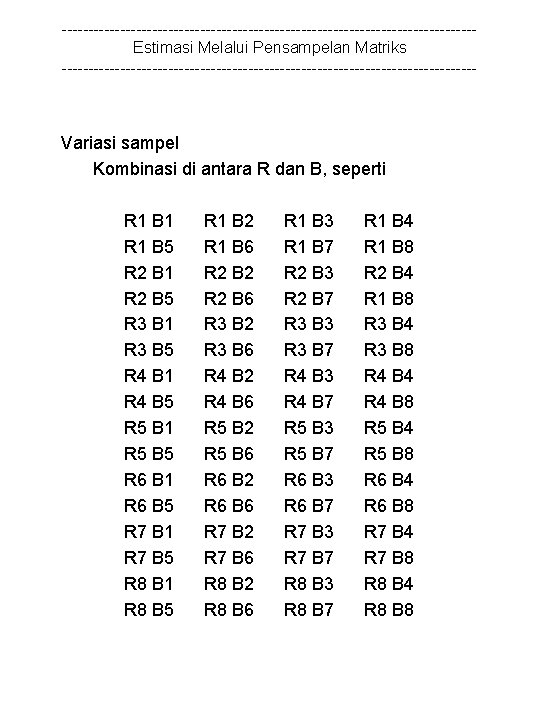 ---------------------------------------Estimasi Melalui Pensampelan Matriks --------------------------------------- Variasi sampel Kombinasi di antara R dan B, seperti
