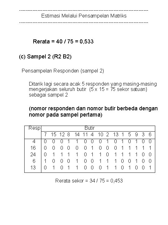 ---------------------------------------Estimasi Melalui Pensampelan Matriks --------------------------------------- Rerata = 40 / 75 = 0, 533 (c)