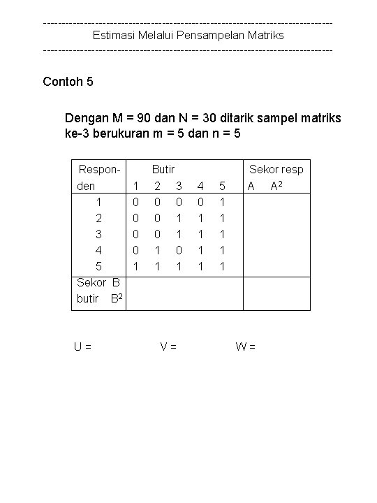 ---------------------------------------Estimasi Melalui Pensampelan Matriks --------------------------------------- Contoh 5 Dengan M = 90 dan N =