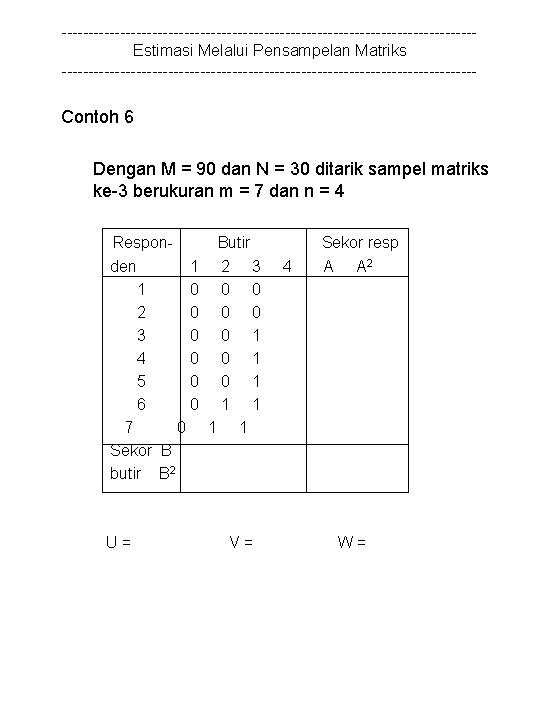 ---------------------------------------Estimasi Melalui Pensampelan Matriks --------------------------------------- Contoh 6 Dengan M = 90 dan N =