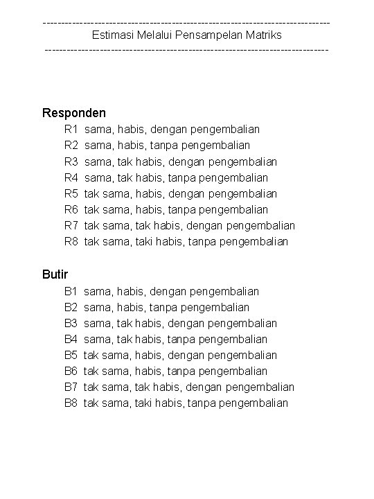 ---------------------------------------Estimasi Melalui Pensampelan Matriks --------------------------------------- Responden R 1 R 2 R 3 R 4
