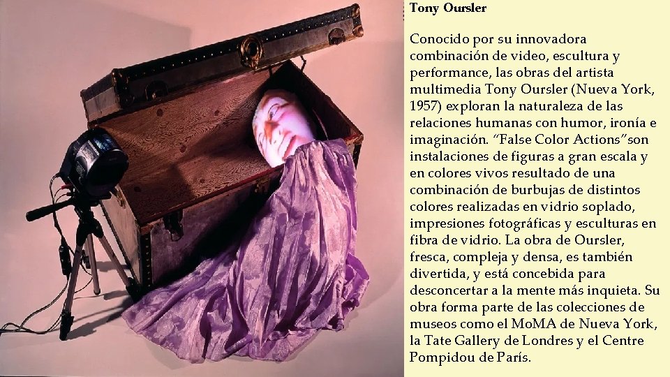 Tony Oursler Conocido por su innovadora combinación de video, escultura y performance, las obras