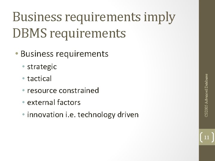 Business requirements imply DBMS requirements • strategic • tactical • resource constrained • external Business requirements imply DBMS requirements • strategic • tactical • resource constrained • external