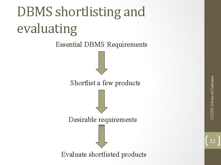 DBMS shortlisting and evaluating Shortlist a few products Desirable requirements CSD 305 Advanced Databases DBMS shortlisting and evaluating Shortlist a few products Desirable requirements CSD 305 Advanced Databases
