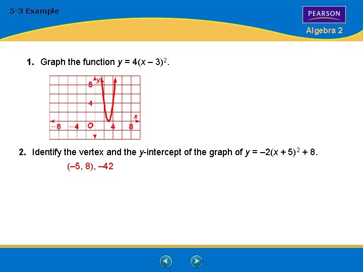 5 -3 Example Algebra 2 1. Graph the function y = 4(x – 3)2.