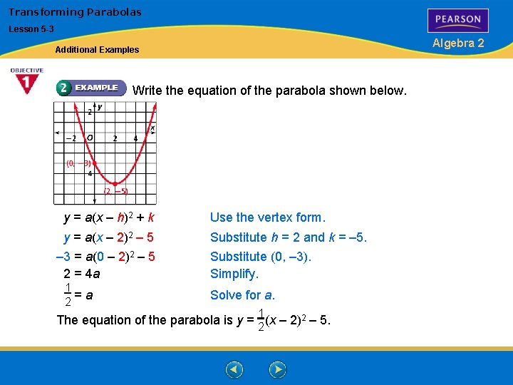 Transforming Parabolas Lesson 5 -3 Algebra 2 Additional Examples Write the equation of the