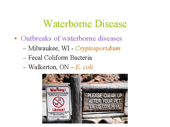 Waterborne Disease • Outbreaks of waterborne diseases – Milwaukee, WI - Cryptosporidium – Fecal