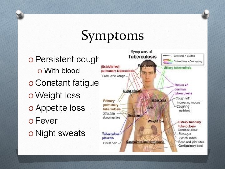 Symptoms O Persistent cough O With blood O Constant fatigue O Weight loss O