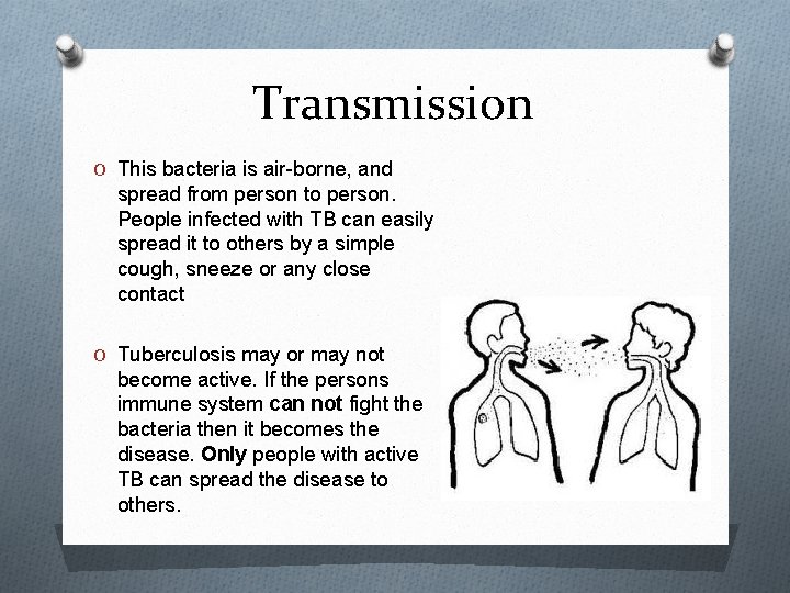 Transmission O This bacteria is air-borne, and spread from person to person. People infected