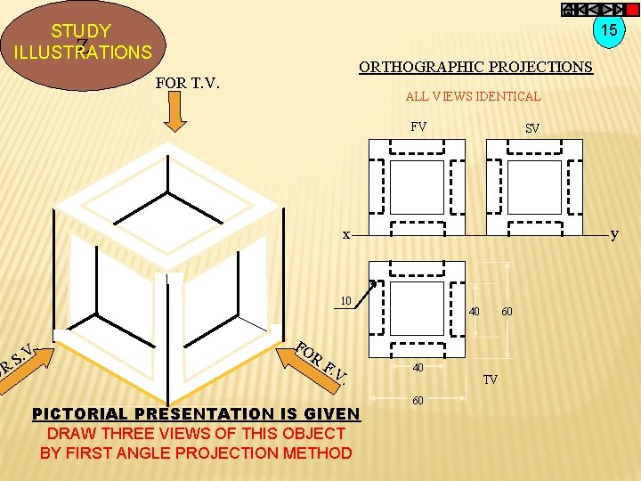 OR 15 STUDY Z ILLUSTRATIONS ORTHOGRAPHIC PROJECTIONS FOR T. V. ALL VIEWS IDENTICAL FV