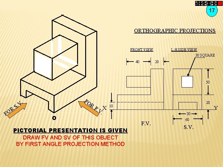 17 ORTHOGRAPHIC PROJECTIONS FRONT VIEW 40 L. H. SIDE VIEW 30 SQUARE 20 50