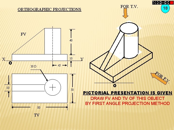 FOR T. V. ORTHOGRAPHIC PROJECTIONS 18 FV 40 X O 10 Y 45 30