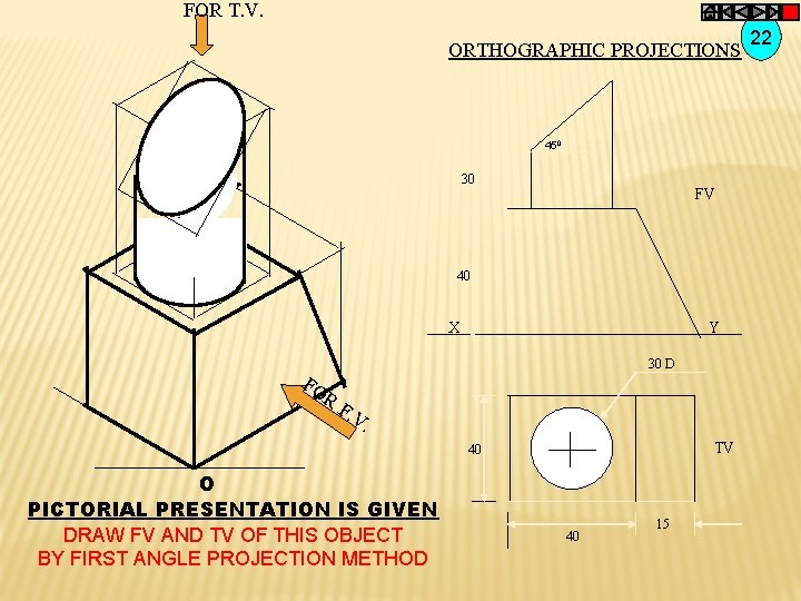 FOR T. V. ORTHOGRAPHIC PROJECTIONS 450 30 FV 40 X Y FO 30 D