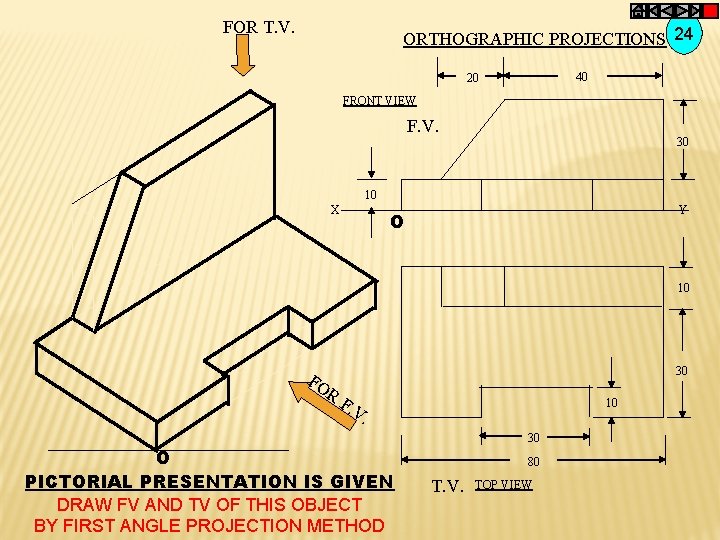 FOR T. V. ORTHOGRAPHIC PROJECTIONS 24 40 20 FRONT VIEW F. V. 30 10