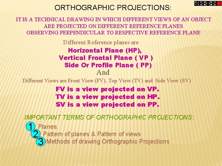 ORTHOGRAPHIC PROJECTIONS: IT IS A TECHNICAL DRAWING IN WHICH DIFFERENT VIEWS OF AN OBJECT