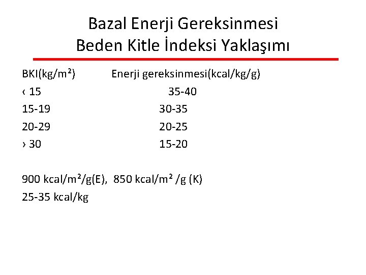 Bazal Enerji Gereksinmesi Beden Kitle İndeksi Yaklaşımı BKI(kg/m²) ‹ 15 15 -19 20 -29