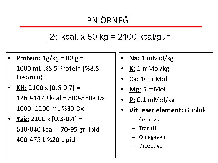 PN ÖRNEĞİ 25 kcal. x 80 kg = 2100 kcal/gün • Protein: 1 g/kg