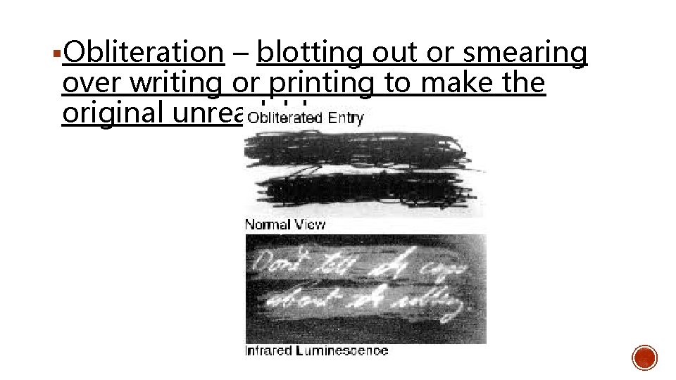§Obliteration – blotting out or smearing over writing or printing to make the original