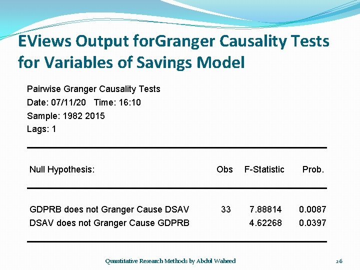 EViews Output for. Granger Causality Tests for Variables of Savings Model Pairwise Granger Causality