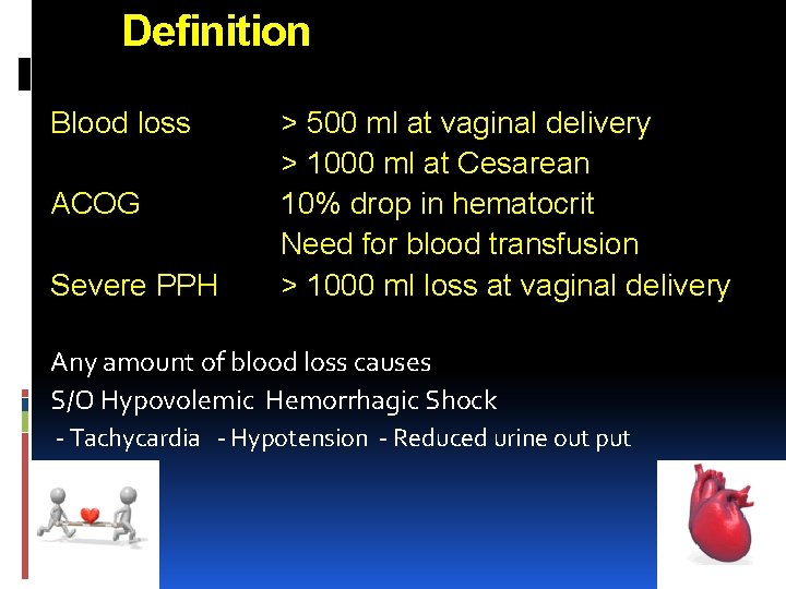 Definition Blood loss ACOG Severe PPH > 500 ml at vaginal delivery > 1000 Definition Blood loss ACOG Severe PPH > 500 ml at vaginal delivery > 1000