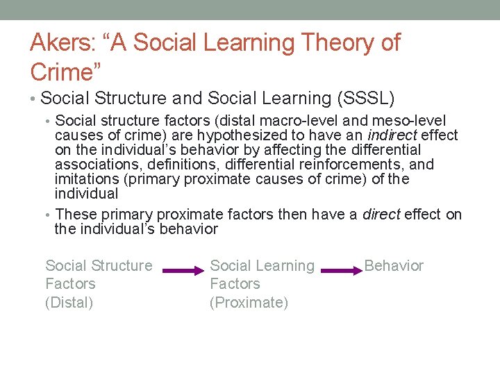 Akers: “A Social Learning Theory of Crime” • Social Structure and Social Learning (SSSL) Akers: “A Social Learning Theory of Crime” • Social Structure and Social Learning (SSSL)