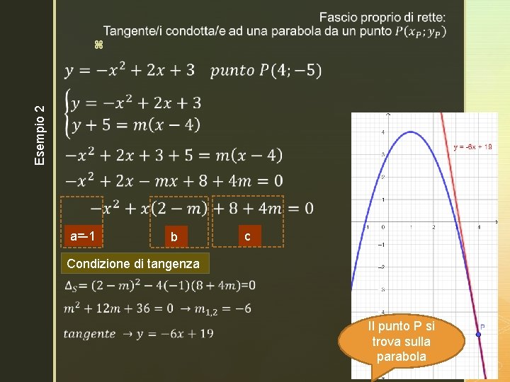 Esempio 2 z a=-1 b c Condizione di tangenza Il punto P si trova