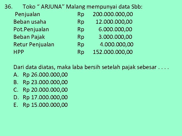 36. Toko “ ARJUNA” Malang mempunyai data Sbb: Penjualan Rp 200. 000, 00 Beban