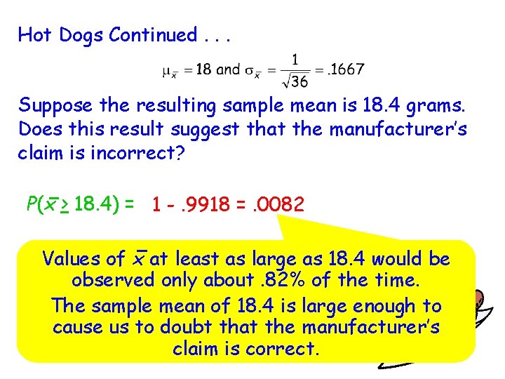 Hot Dogs Continued. . . Suppose the resulting sample mean is 18. 4 grams.