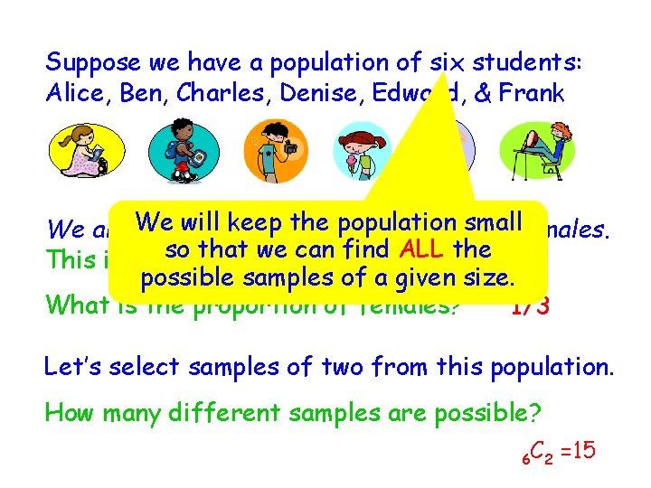 Suppose we have a population of six students: Alice, Ben, Charles, Denise, Edward, &