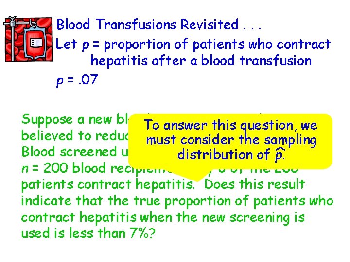 Blood Transfusions Revisited. . . Let p = proportion of patients who contract hepatitis