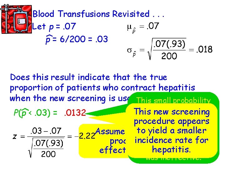 Blood Transfusions Revisited. . . Let p =. 07 p = 6/200 =. 03