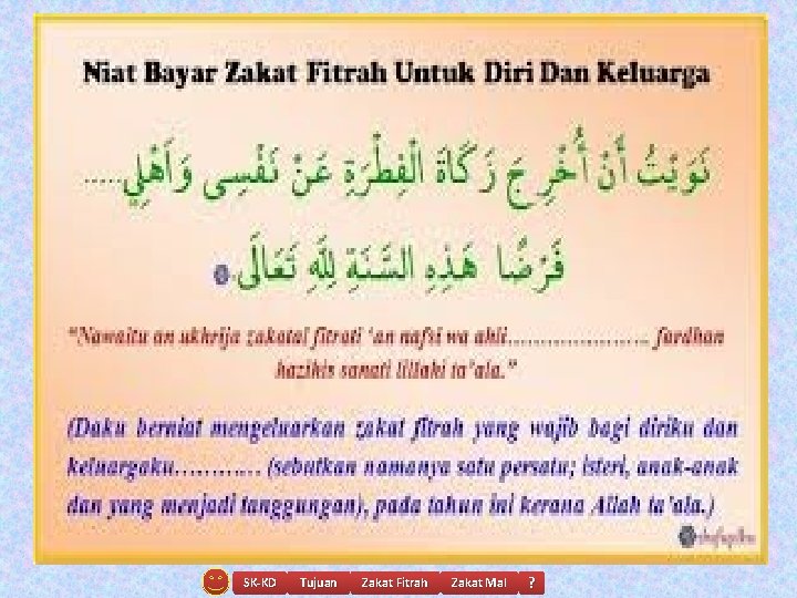  • Lafal niat Zakat Fitrah untuk diri sendiri artinya: Sengaja aku mengeluarkan zakat