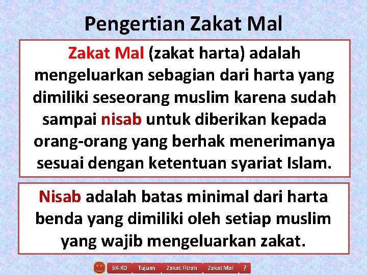 Pengertian Zakat Mal (zakat harta) adalah mengeluarkan sebagian dari harta yang dimiliki seseorang muslim